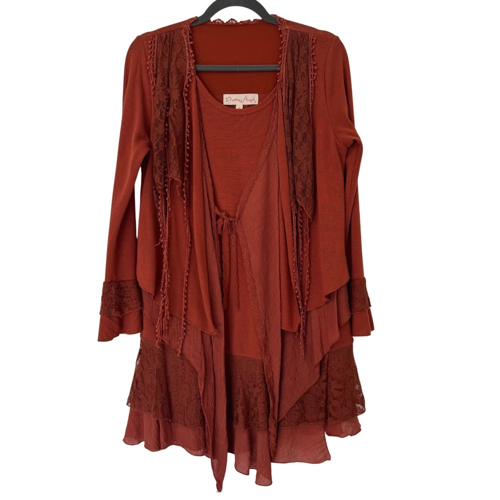 Pretty Angel Tiered Tunic Small Rust Orange Linen Blend Whimsy Boho Lace Fairy
